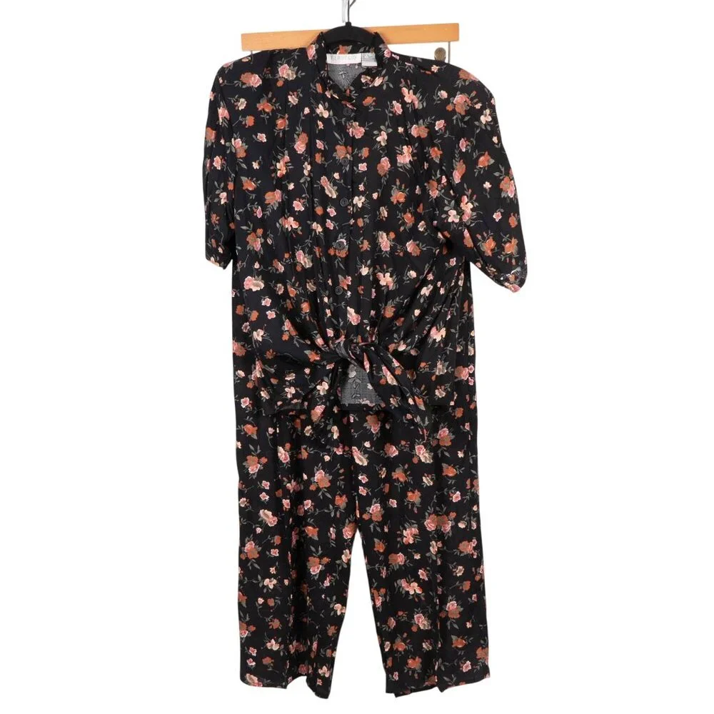 Feruccio VTG Outfit M Women Floral Button Up Tie Shirt Elastic Waist Pants Black - Picture 1 of 7